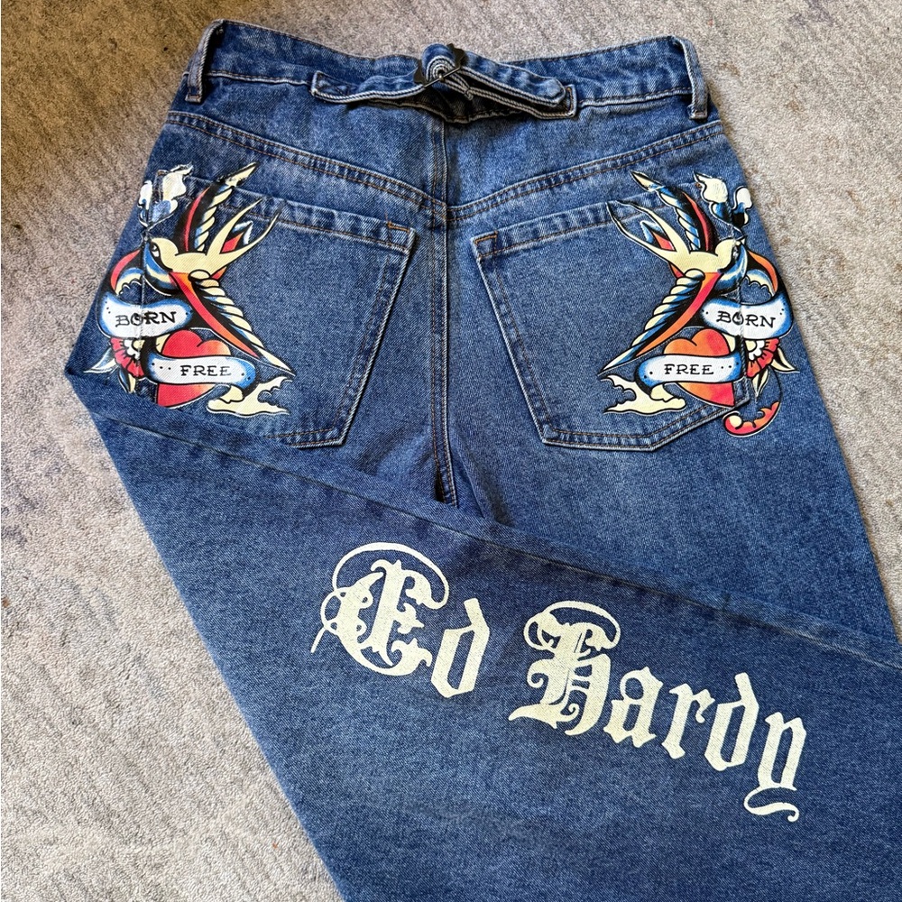 Ed Hardy Blue Relaxed Jeans with Embroidery